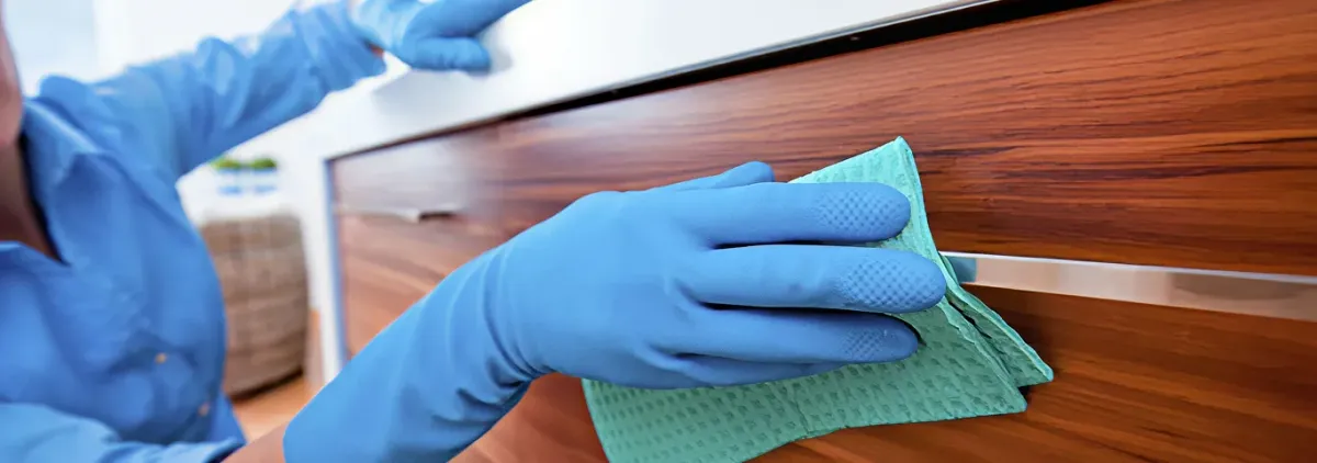 Cleaner wearing blue gloves wiping a wooden cabinet drawer with a microfiber cloth for dust and grime removal, Columbus, OH.