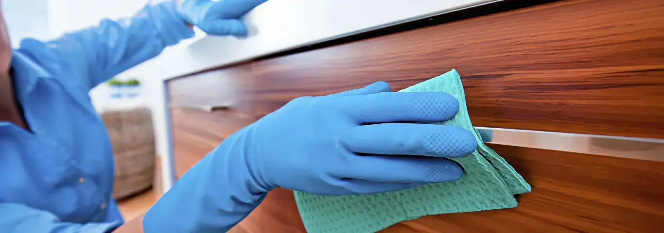 Cleaner wearing blue gloves wiping a wooden cabinet drawer with a microfiber cloth for dust and grime removal, Columbus, OH.