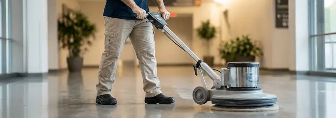 Professional technician using an industrial floor buffer to polish and maintain shiny commercial flooring in a corporate hallway in Columbus, OH.