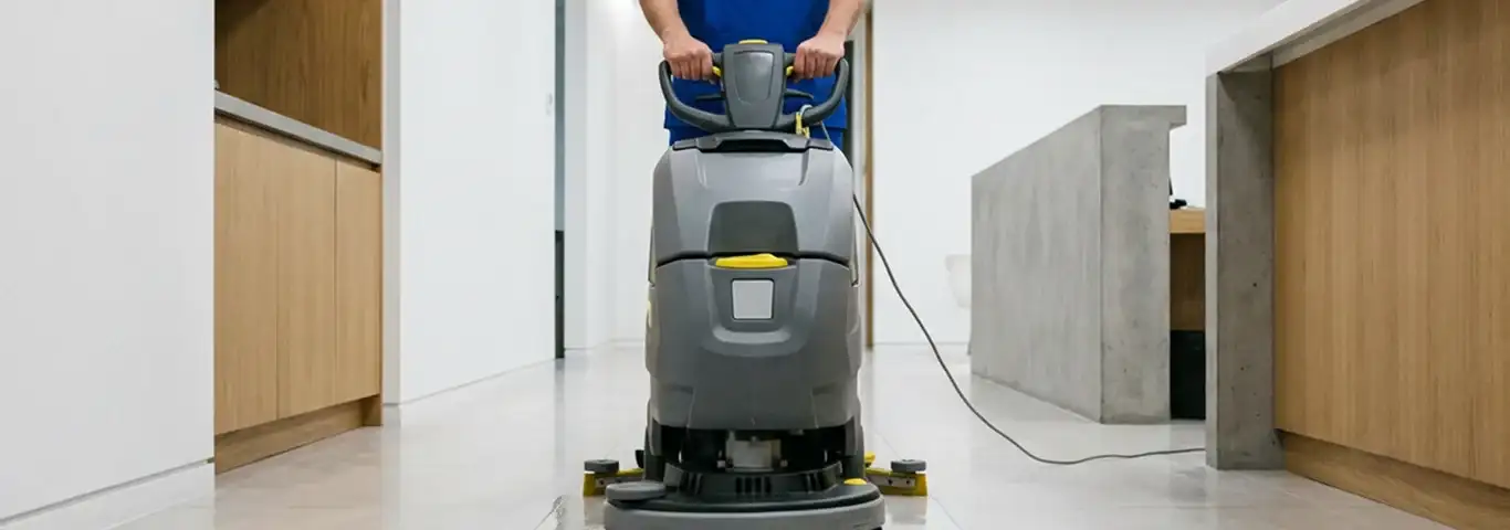 Janitorial staff using a floor scrubber machine to clean a commercial hallway, Columbus, OH.
