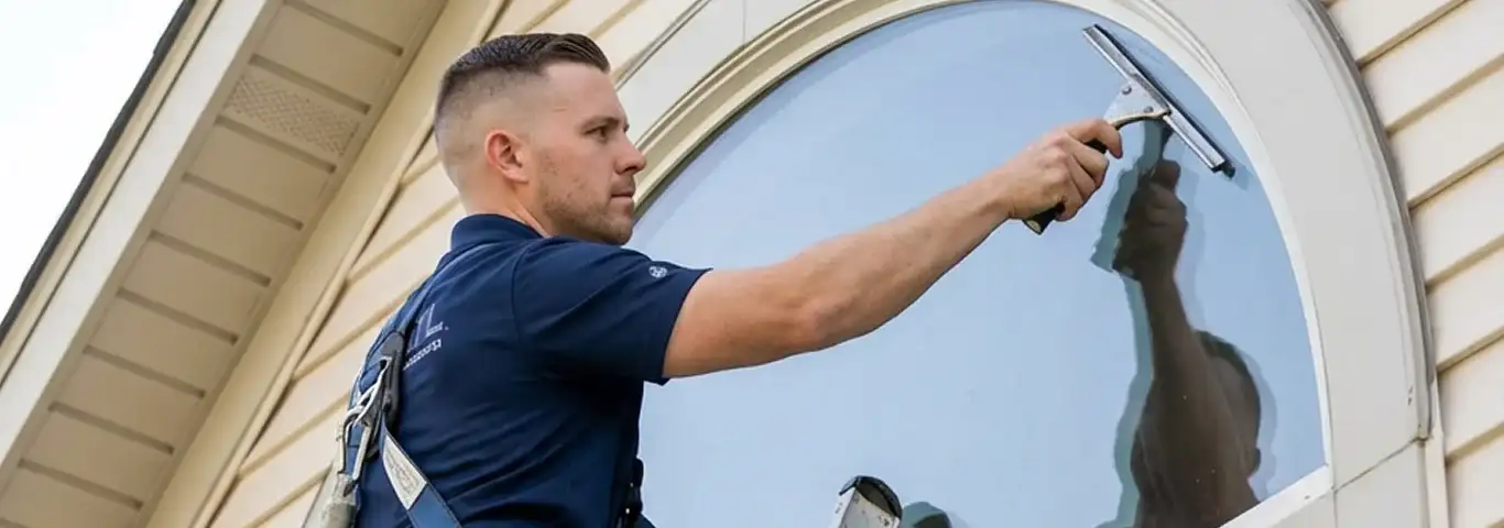 Professional window cleaner using a squeegee to clean an exterior arched window on a home, Columbus, OH.