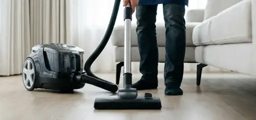 Professional house cleaner vacuuming a living room floor with a canister vacuum cleaner, Columbus, OH.