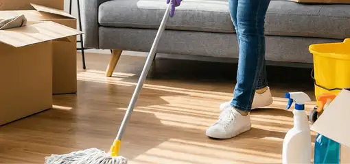 Move-out cleaning setup with a cleaner mopping hardwood floors near moving boxes and cleaning supplies, Columbus, OH.
