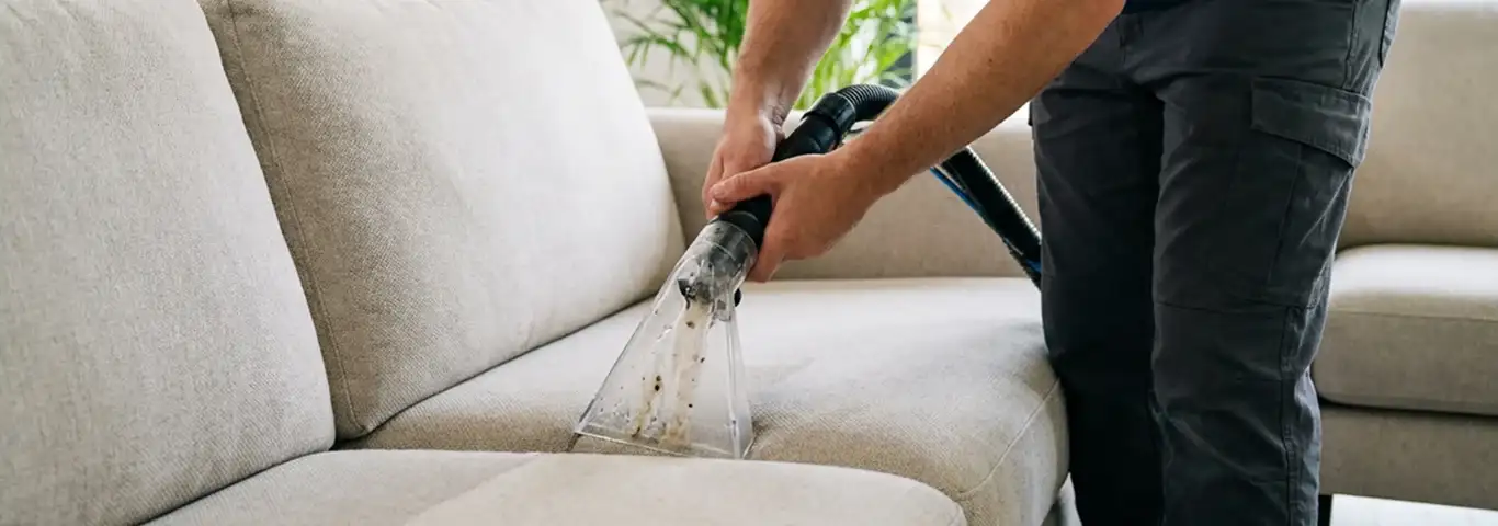 Technician extracting dirt and moisture from a fabric sofa with an upholstery cleaning wand, Columbus, OH.