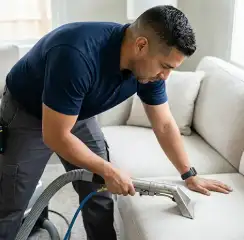 Professional upholstery cleaning technician using an extraction wand to deep-clean a fabric sofa, Columbus, OH.