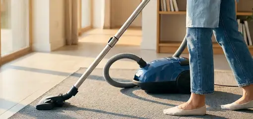 Person vacuuming a living room rug with a canister vacuum cleaner near large windows, Columbus, OH.